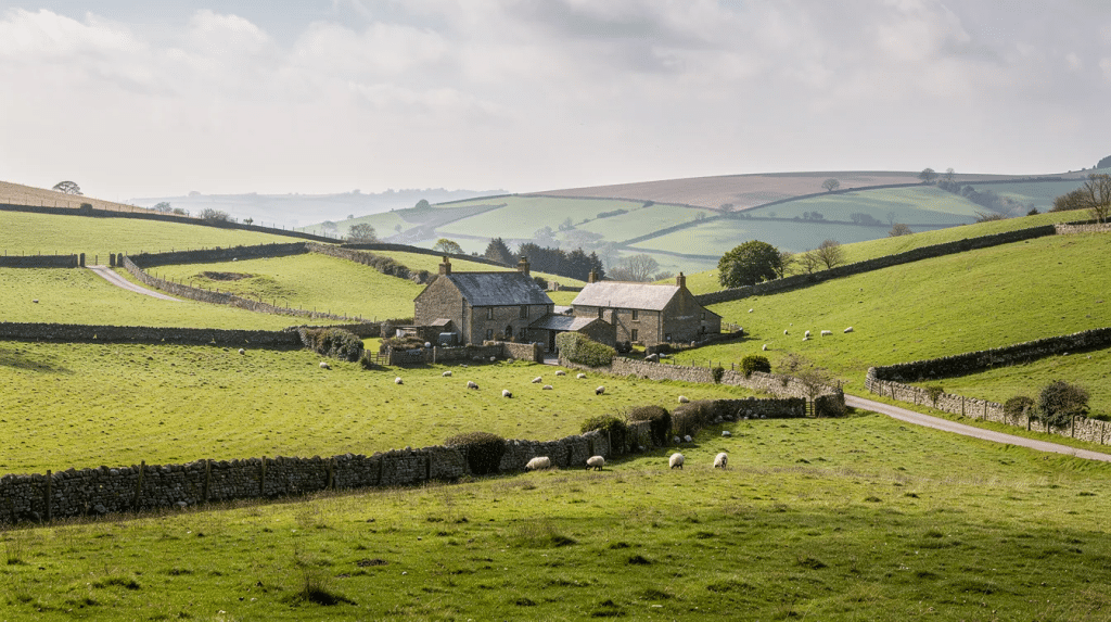 The image depicts the scenic rolling hills of Devon, dotted with traditional stone farm buildings surrounded by lush green pastures. These charming structures represent potential projects for converting non-residential buildings into family homes, highlighting the beauty of rural architecture and the possibilities for self-build projects in the countryside.