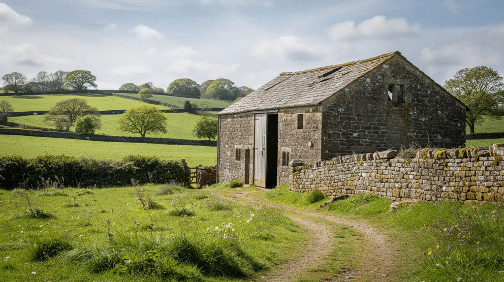 A traditional stone agricultural barn stands in the lush green fields of the Devon countryside, showcasing the use of durable building materials typical of non residential buildings. This picturesque setting highlights the potential for converting a non residential property into a charming family home or holiday home.