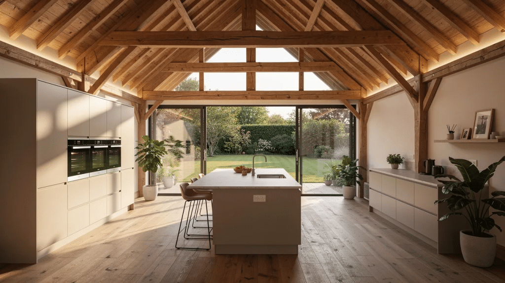 A finished barn conversion interior featuring a stunning vaulted oak beam ceiling, a modern kitchen island, and large glass doors that open to a beautifully landscaped garden.