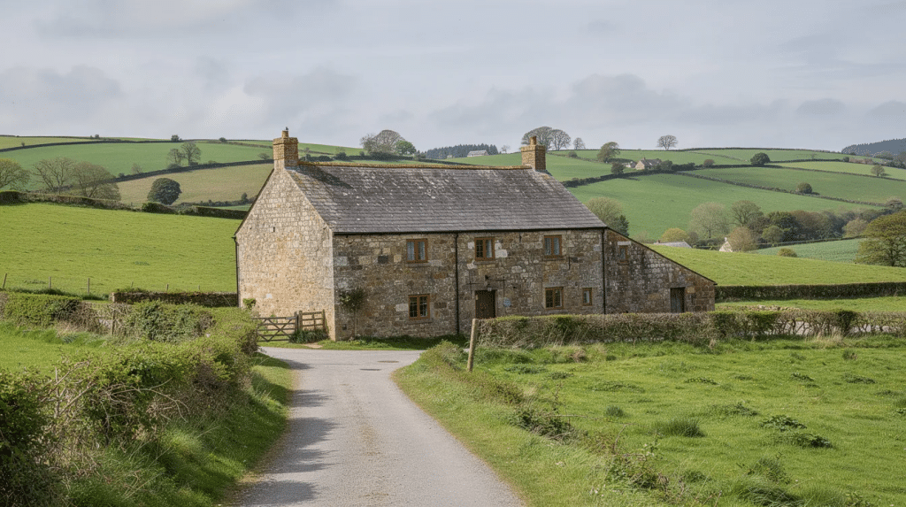 A large stone barn set against the backdrop of the lush green Devon countryside.