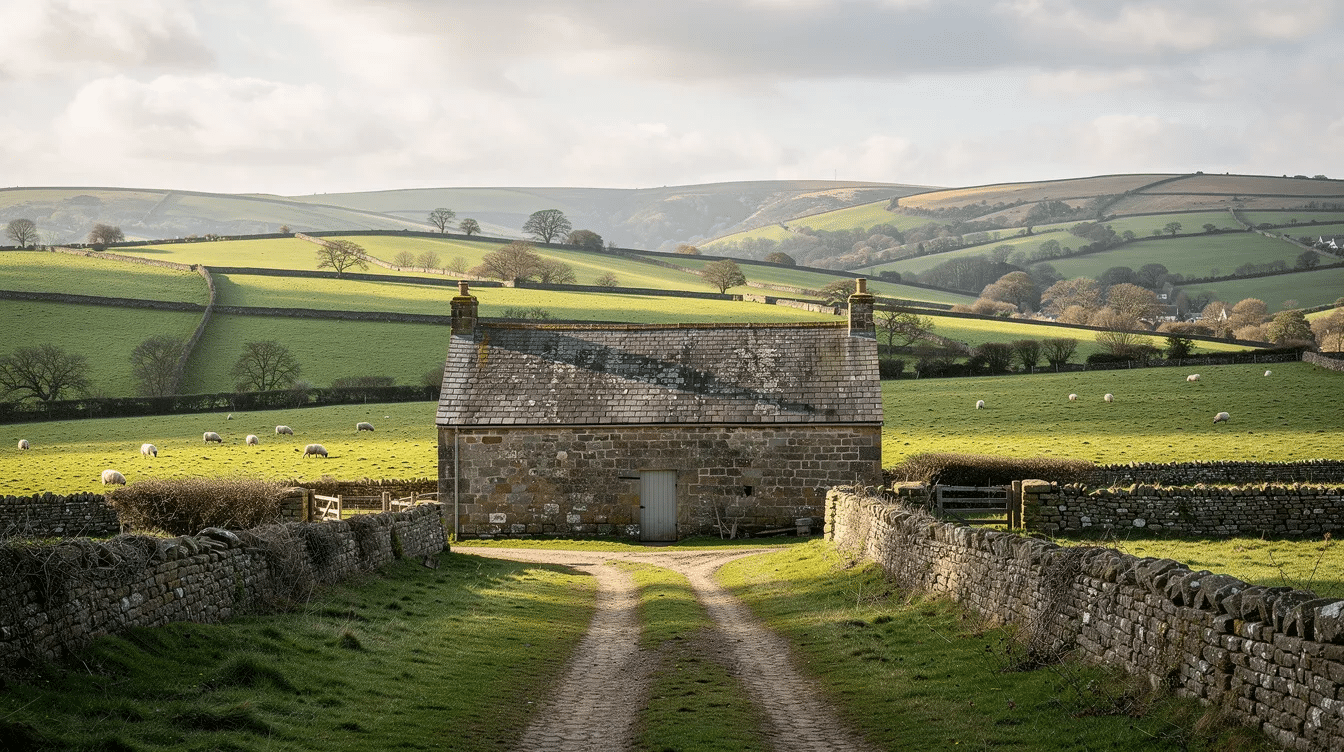 A traditional stone barn A traditional stone barn stands amidst the lush green fields of Devon, with rolling hills creating a picturesque backdrop. This image captures the essence of an agricultural unit, highlighting the potential for barn conversion projects within the area’s outstanding natural beauty.