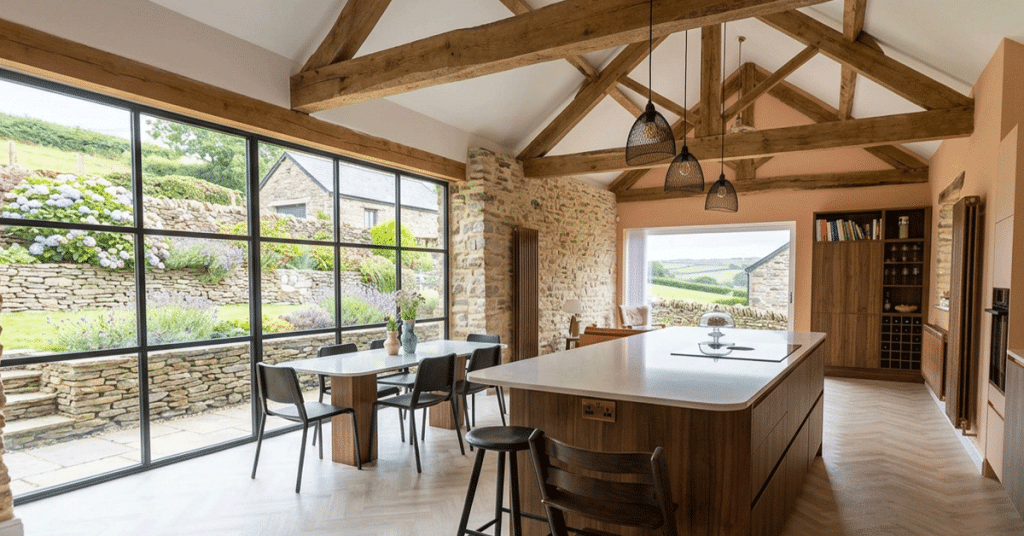 Finished barn conversion, kitchen area with exposed beams and wooden finish