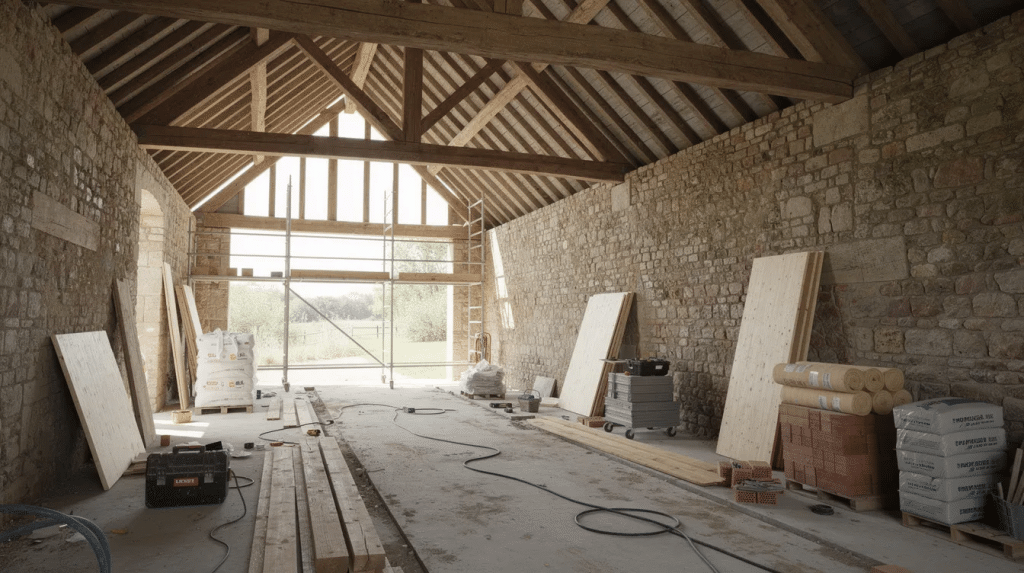 The image depicts the interior of a barn mid-conversion, showcasing exposed stone walls and oak roof beams, accompanied by scaffolding and construction materials scattered on the ground floor. This restoration project highlights the outstanding natural beauty of the original structure while preparing for a modern, energy-efficient living space.