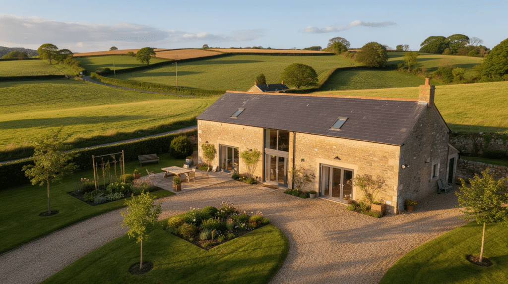 An aerial view showcases a beautifully converted stone barn nestled in the Devon countryside, surrounded by lush green fields and a small garden, highlighting the outstanding natural beauty of the area. This stunning property, featuring a traditional barn structure, exemplifies innovative barn conversion ideas and offers spectacular views of the rural landscape.