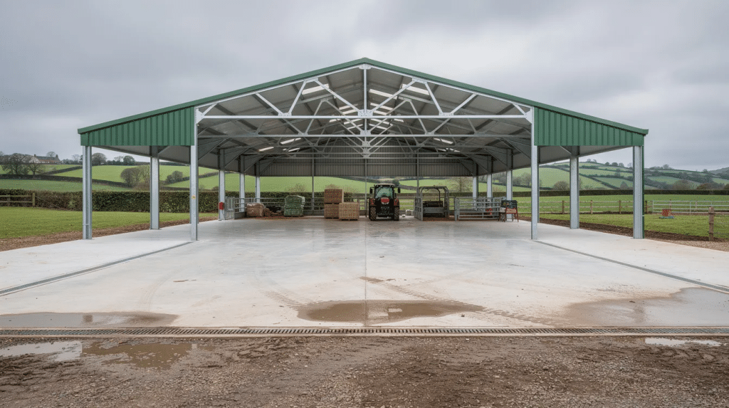 The image depicts a modern steel-frame agricultural barn with a concrete floor, situated on a working farm in Devon. This structure showcases the evolution of agricultural buildings, highlighting the potential for barn conversion projects while adhering to local planning authority regulations and permitted development rights.